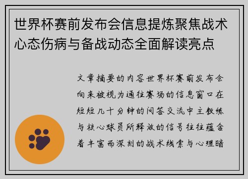 世界杯赛前发布会信息提炼聚焦战术心态伤病与备战动态全面解读亮点