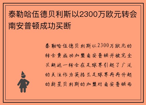 泰勒哈伍德贝利斯以2300万欧元转会南安普顿成功买断